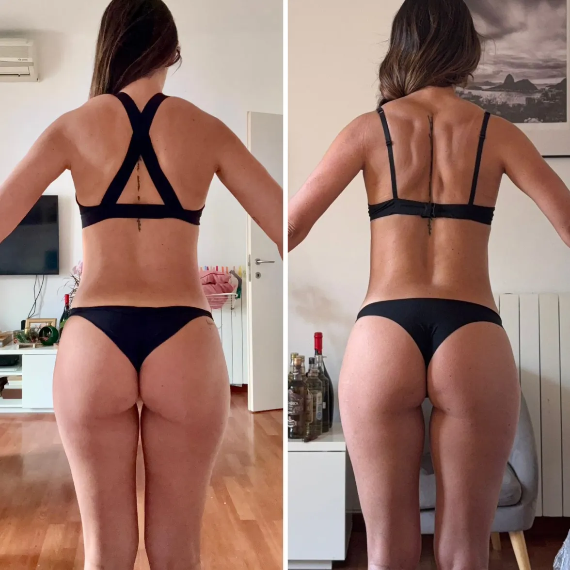 Confronto posteriore di una donna: a sinistra schiena e glutei a inizio percorso, a destra dorso più marcato e tono muscolare aumentato