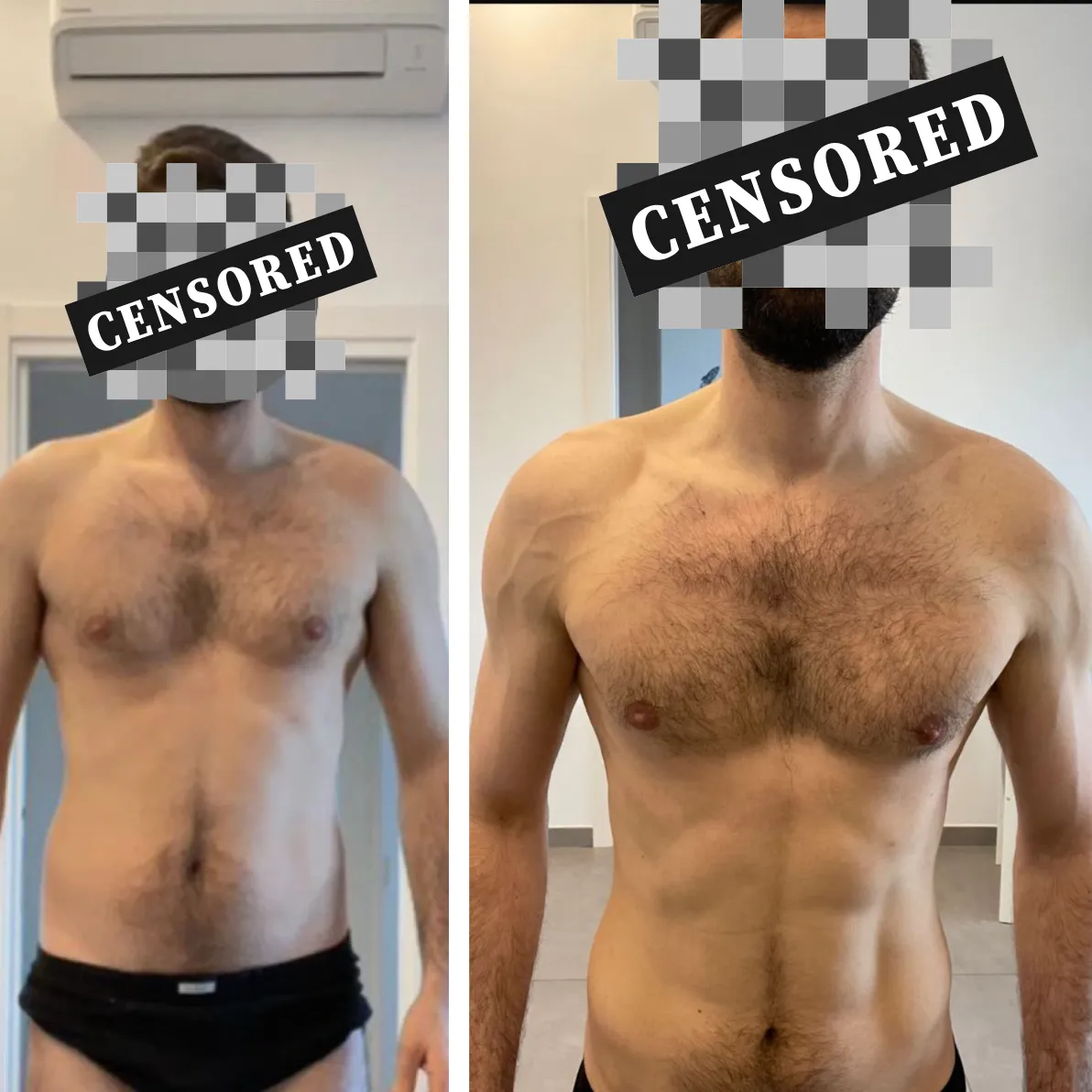 Confronto frontale di un uomo con il volto oscurato: a sinistra torace e addome più morbidi, a destra massa muscolare maggiore e girovita ridotto
